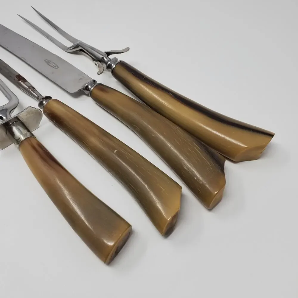 Vintage Wade & Butcher Antler Handle stainless steel knife and tong set